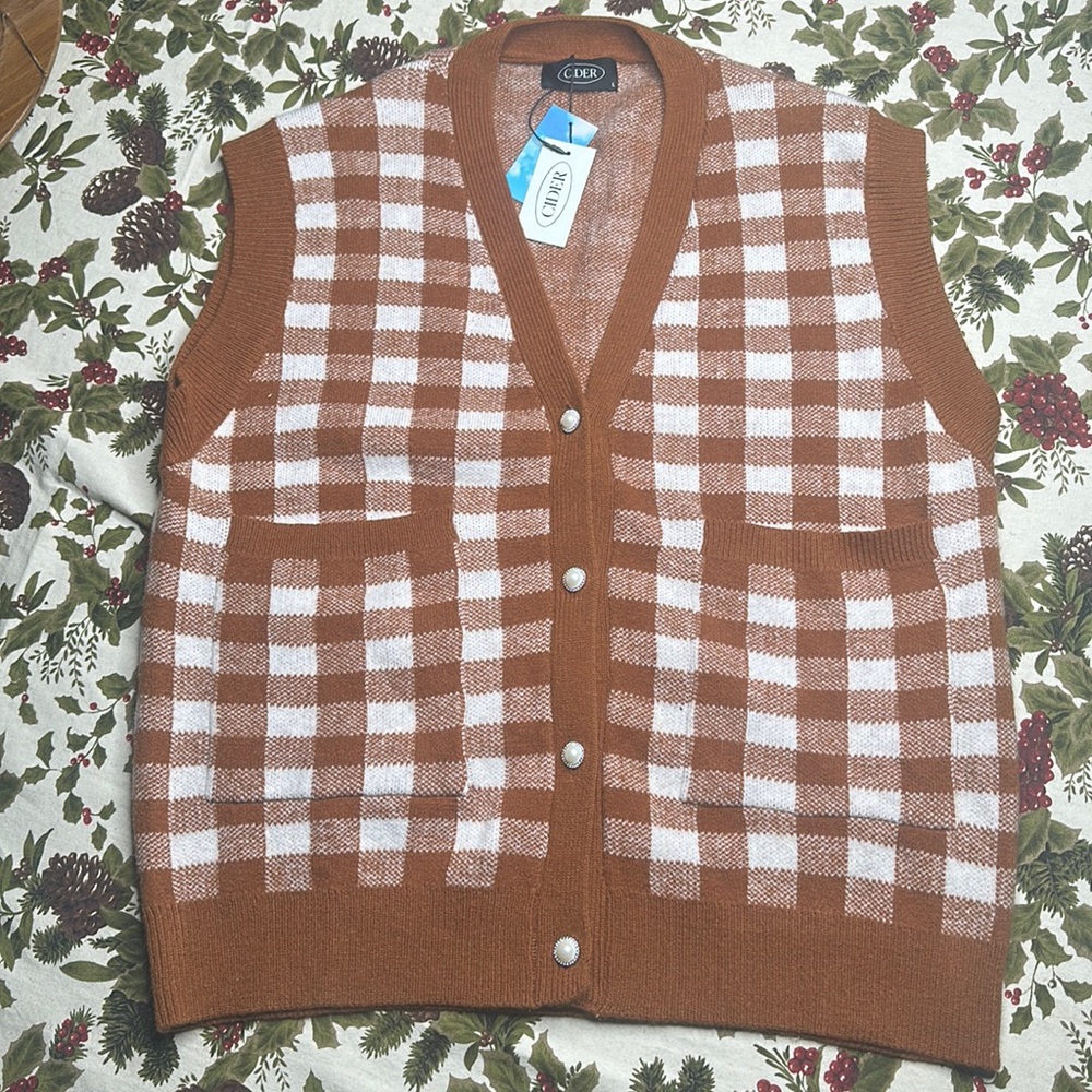 Cider knit sleeveless cardigan sweater copper & white Size L